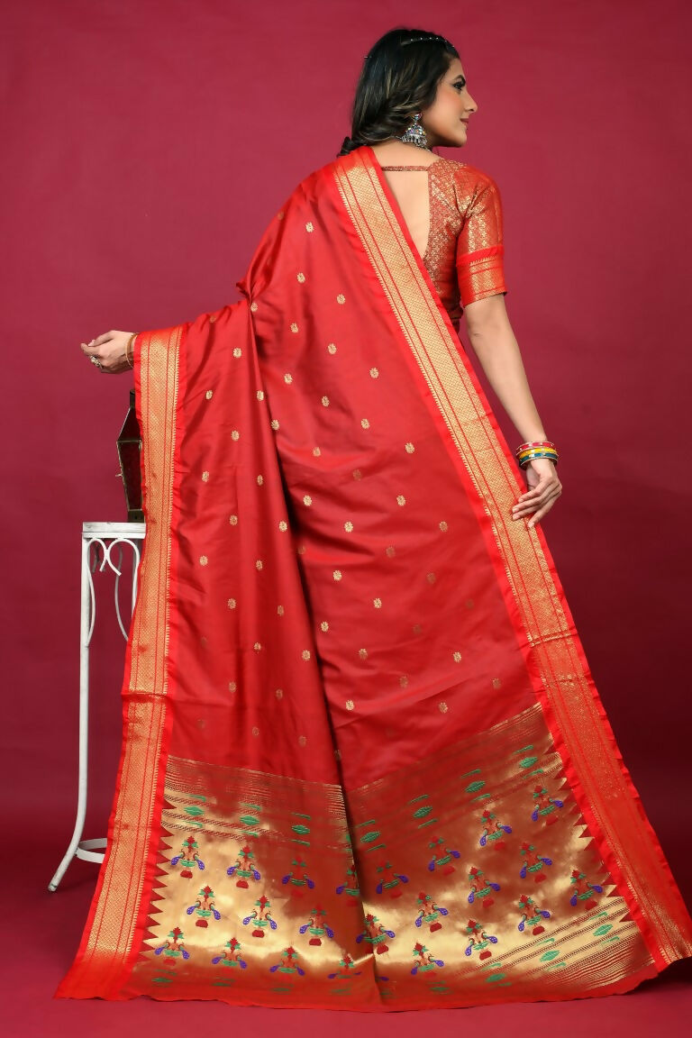Jyoti Fashion Women's Red Paithani Silk Zari Woven Saree with Blouse | Grocsy