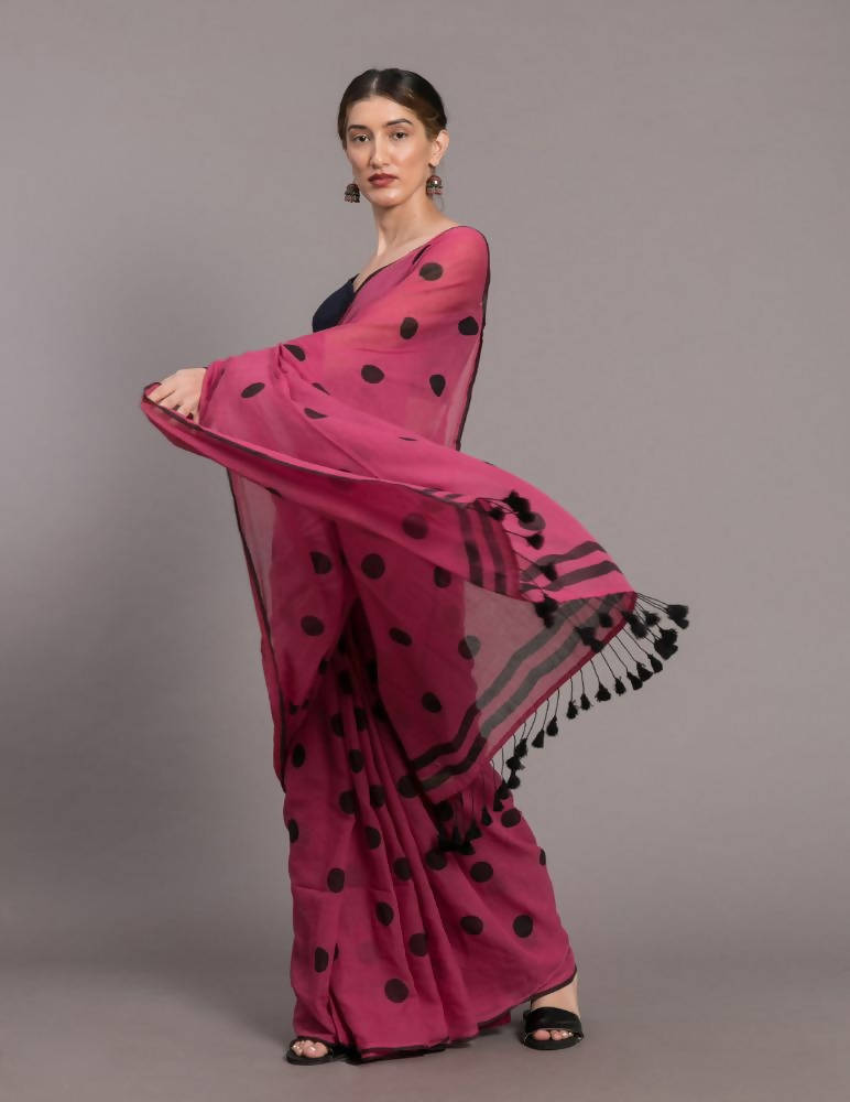 Suta Pink Black Polka Printed Pure Cotton Saree | Grocsy