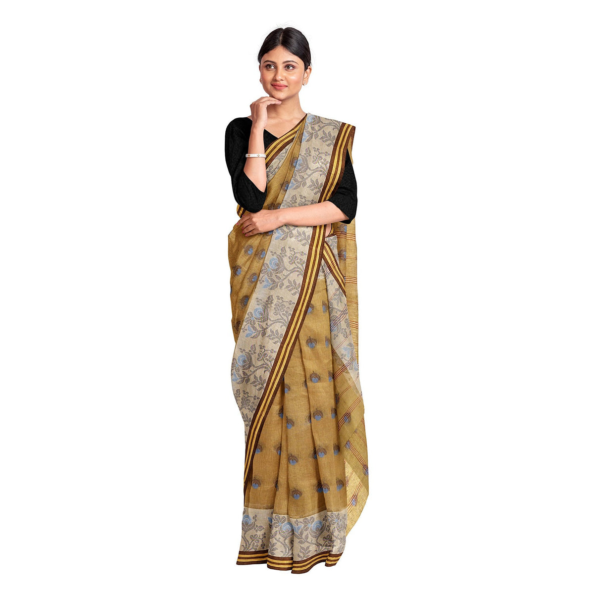 Exclusive Collection 100% Pure Cotton Light Beige Tant Saree With Hand Weaving Work | Grocsy