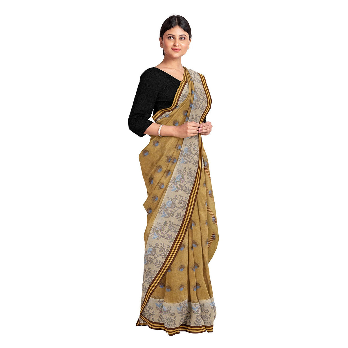 Exclusive Collection 100% Pure Cotton Light Beige Tant Saree With Hand Weaving Work | Grocsy