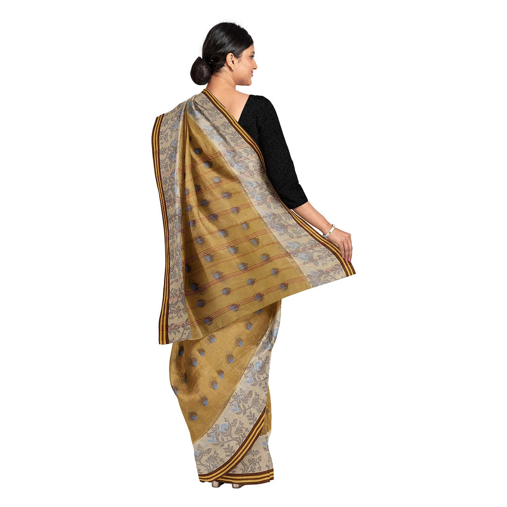 Exclusive Collection 100% Pure Cotton Light Beige Tant Saree With Hand Weaving Work | Grocsy