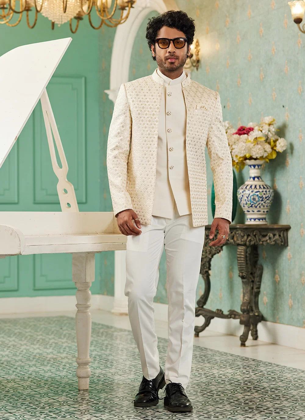 Raivat Ethnic Art Silk Embroidery and Thread Work Jodhpuri in Cream Colour | Grocsy