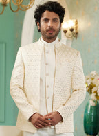 Raivat Ethnic Art Silk Embroidery and Thread Work Jodhpuri in Cream Colour | Grocsy