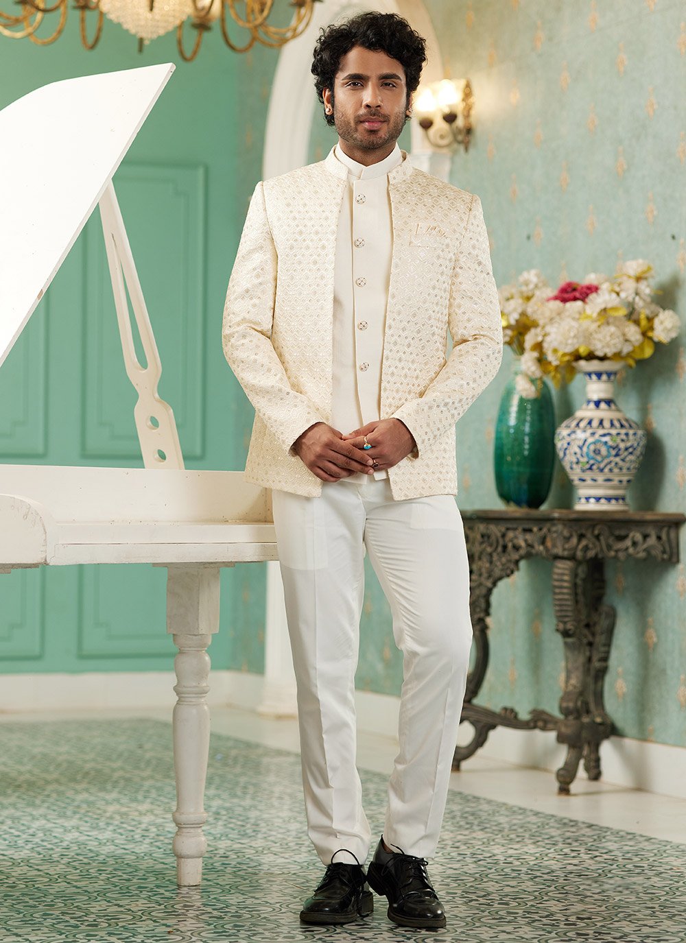 Raivat Ethnic Art Silk Embroidery and Thread Work Jodhpuri in Cream Colour | Grocsy