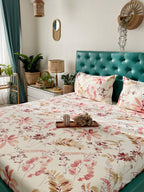 URBAN SPACE Serene White Floral Printed 200 TC Pure Cotton Bedsheet & Pillow Covers | Grocsy