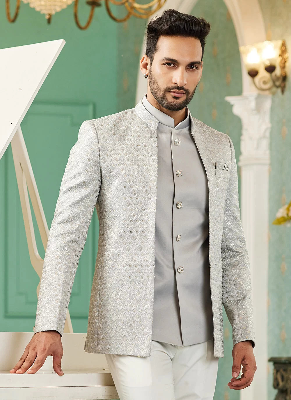 Raivat Ethnic Art Silk Embroidery and Thread Work Jodhpuri in Grey Colour | Grocsy