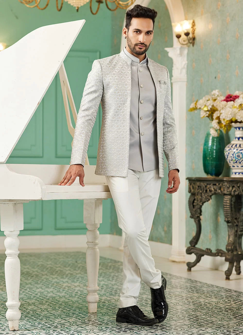 Raivat Ethnic Art Silk Embroidery and Thread Work Jodhpuri in Grey Colour | Grocsy