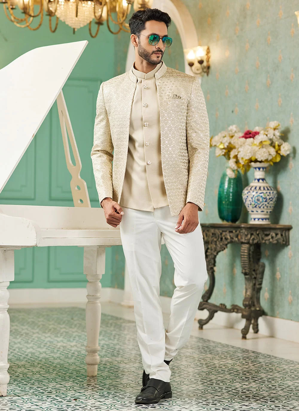 Raivat Ethnic Art Silk Embroidery and Thread Work Jodhpuri in Beige Colour | Grocsy