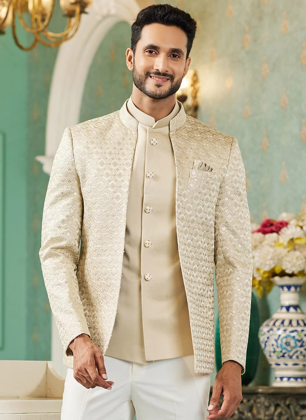 Raivat Ethnic Art Silk Embroidery and Thread Work Jodhpuri in Beige Colour | Grocsy