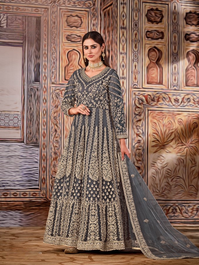 Anaita Grey Embroidered Net Anarkali Suit | Grocsy