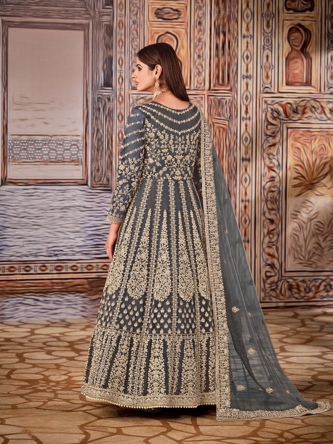 Anaita Grey Embroidered Net Anarkali Suit | Grocsy