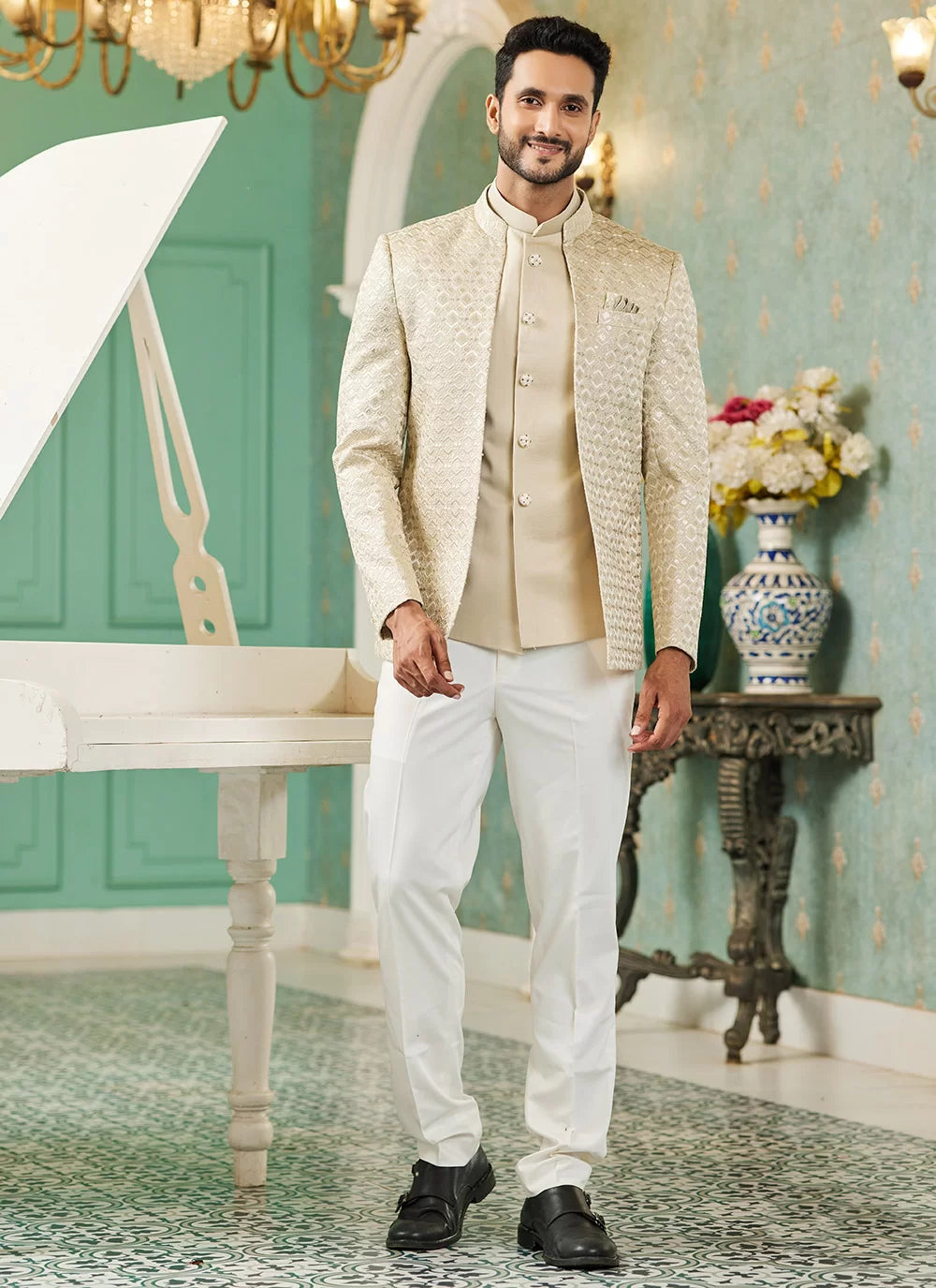 Raivat Ethnic Art Silk Embroidery and Thread Work Jodhpuri in Beige Colour | Grocsy