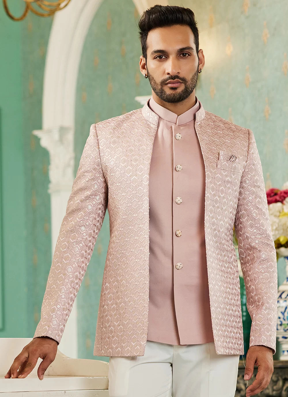 Raivat Ethnic Art Silk Embroidery and Thread Work Jodhpuri in Onion Pink Colour | Grocsy