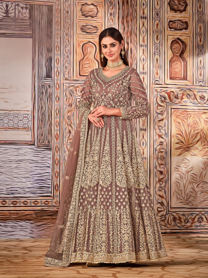Anaita Light Brown Embroidered Net Anarkali Suit | Grocsy
