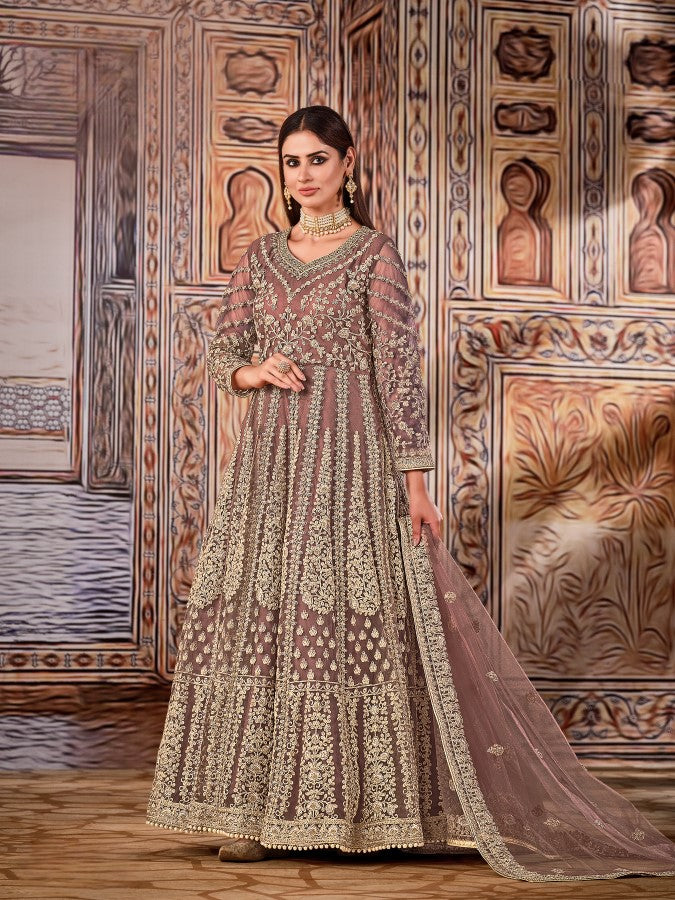Anaita Light Brown Embroidered Net Anarkali Suit | Grocsy