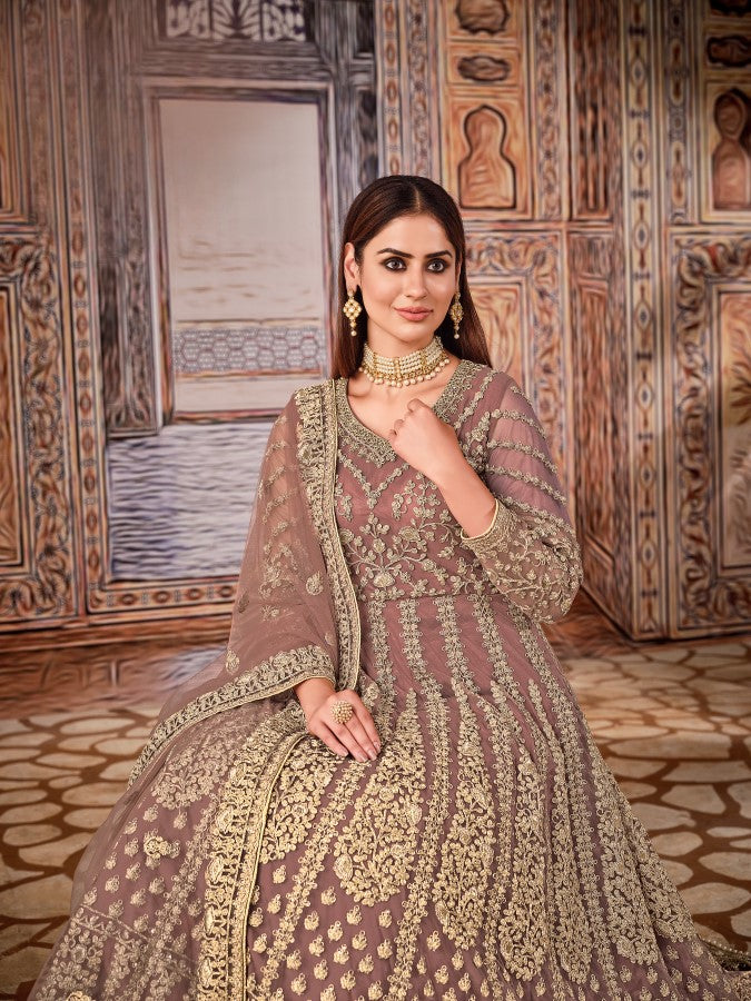 Anaita Light Brown Embroidered Net Anarkali Suit | Grocsy