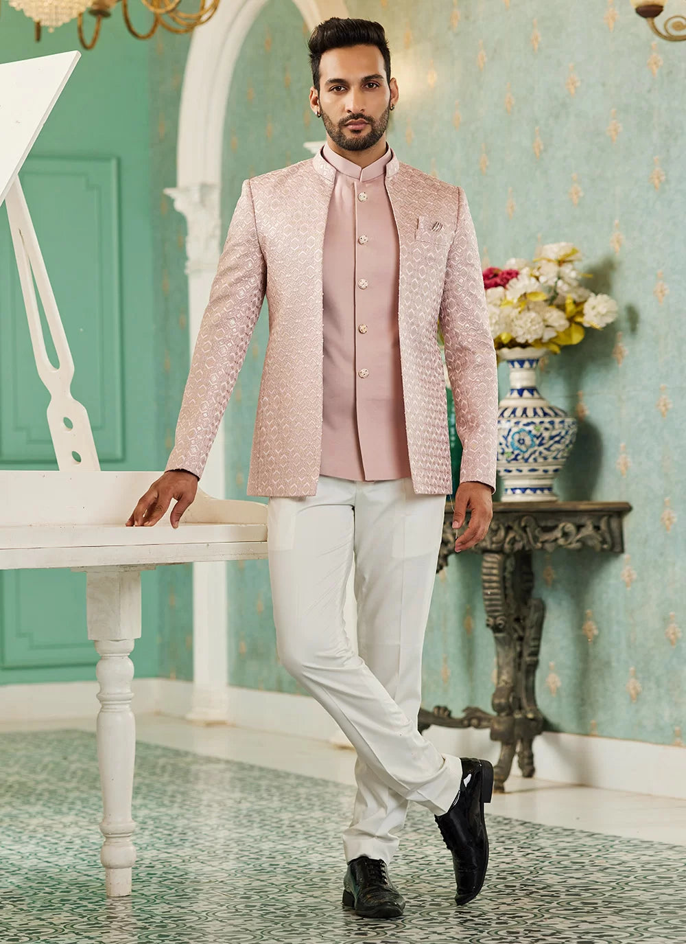 Raivat Ethnic Art Silk Embroidery and Thread Work Jodhpuri in Onion Pink Colour | Grocsy
