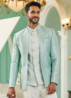 Raivat Ethnic Art Silk Embroidery and Thread Work Jodhpuri in Pista Green Colour | Grocsy