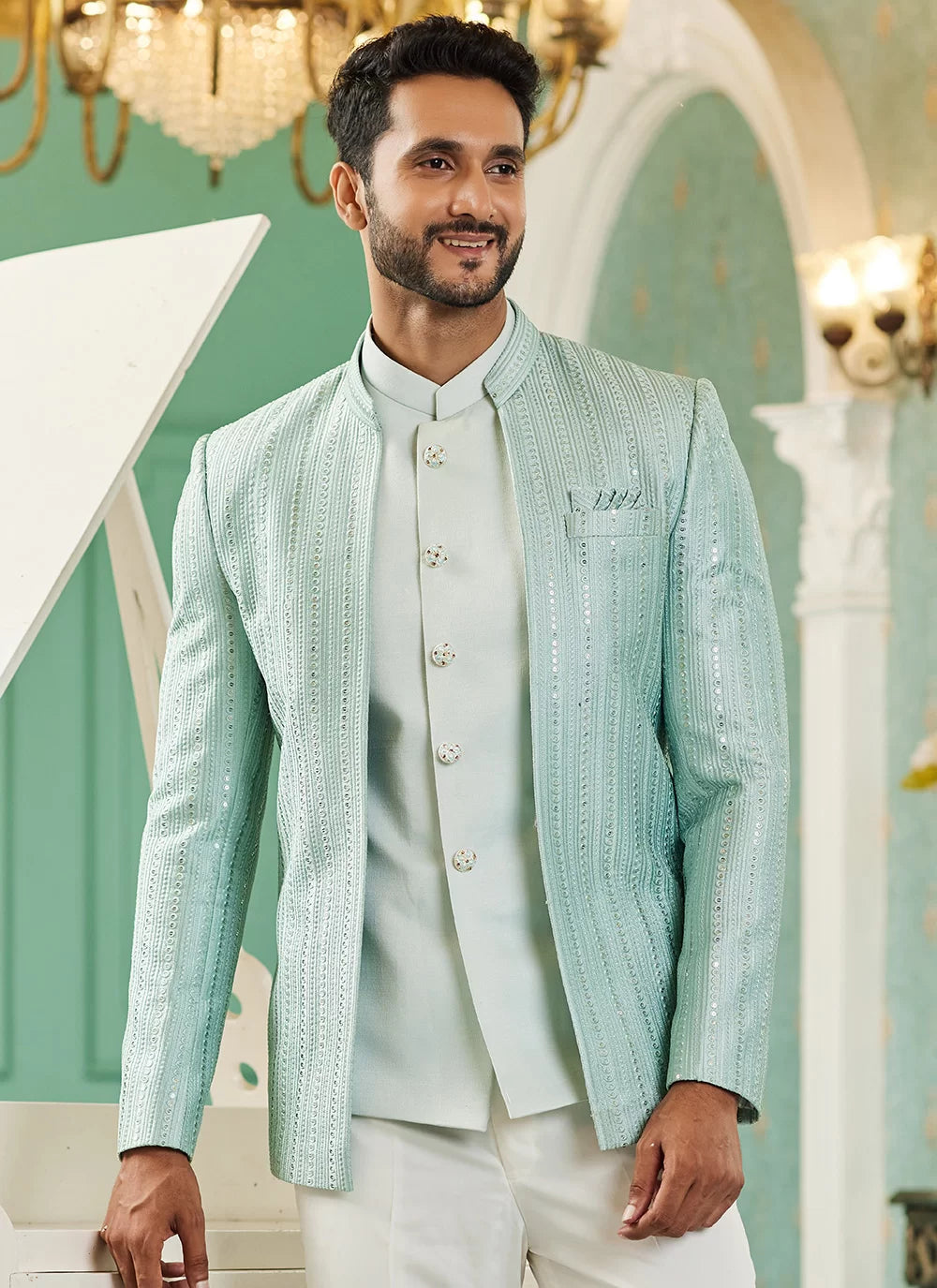 Raivat Ethnic Art Silk Embroidery and Thread Work Jodhpuri in Pista Green Colour | Grocsy