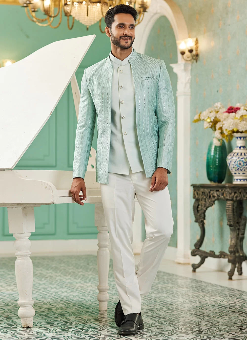 Raivat Ethnic Art Silk Embroidery and Thread Work Jodhpuri in Pista Green Colour | Grocsy