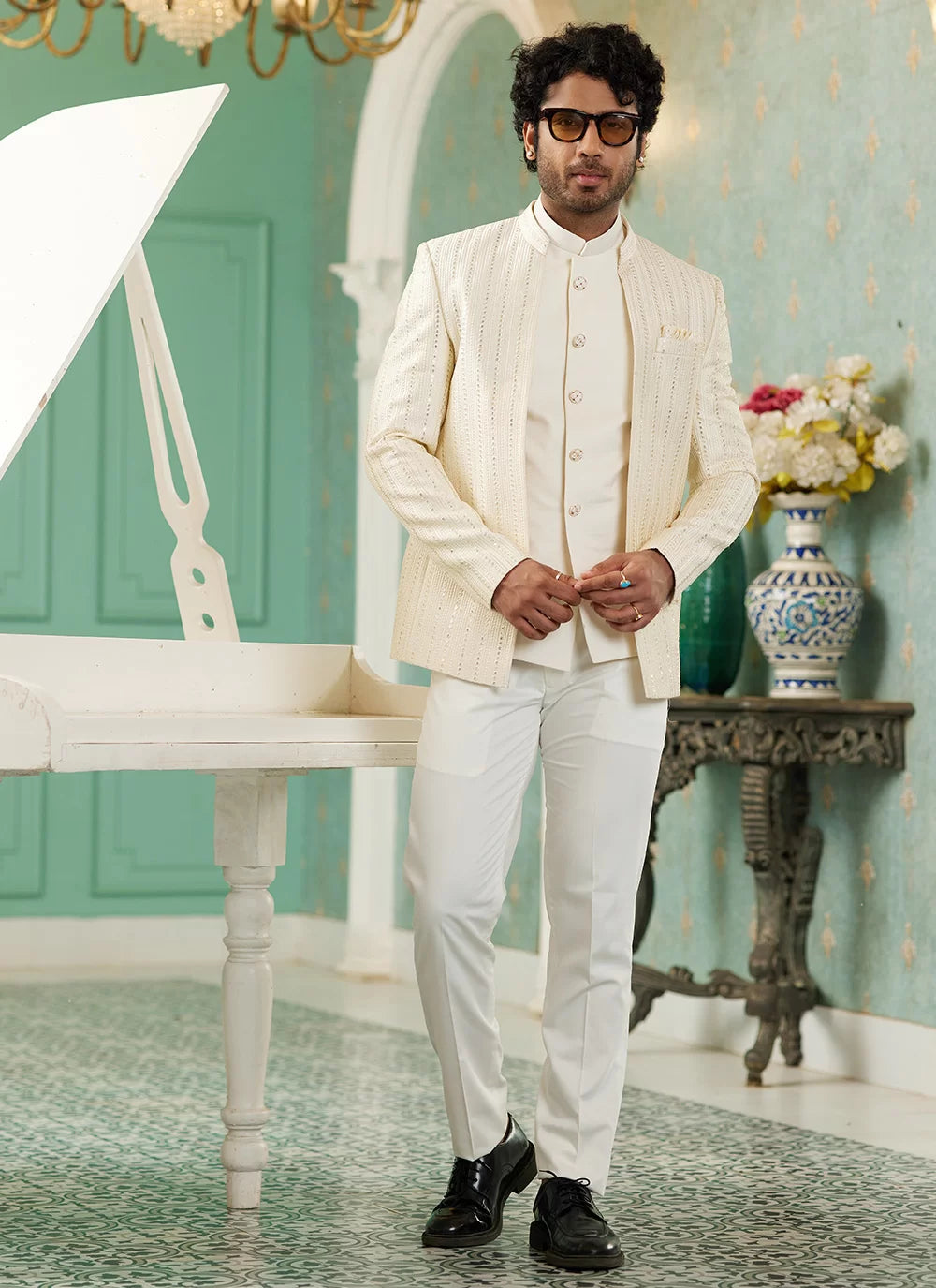 Raivat Ethnic Art Silk Embroidery and Thread Work Jodhpuri in Cream Colour | Grocsy