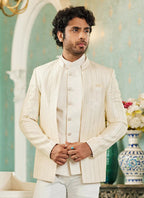 Raivat Ethnic Art Silk Embroidery and Thread Work Jodhpuri in Cream Colour | Grocsy