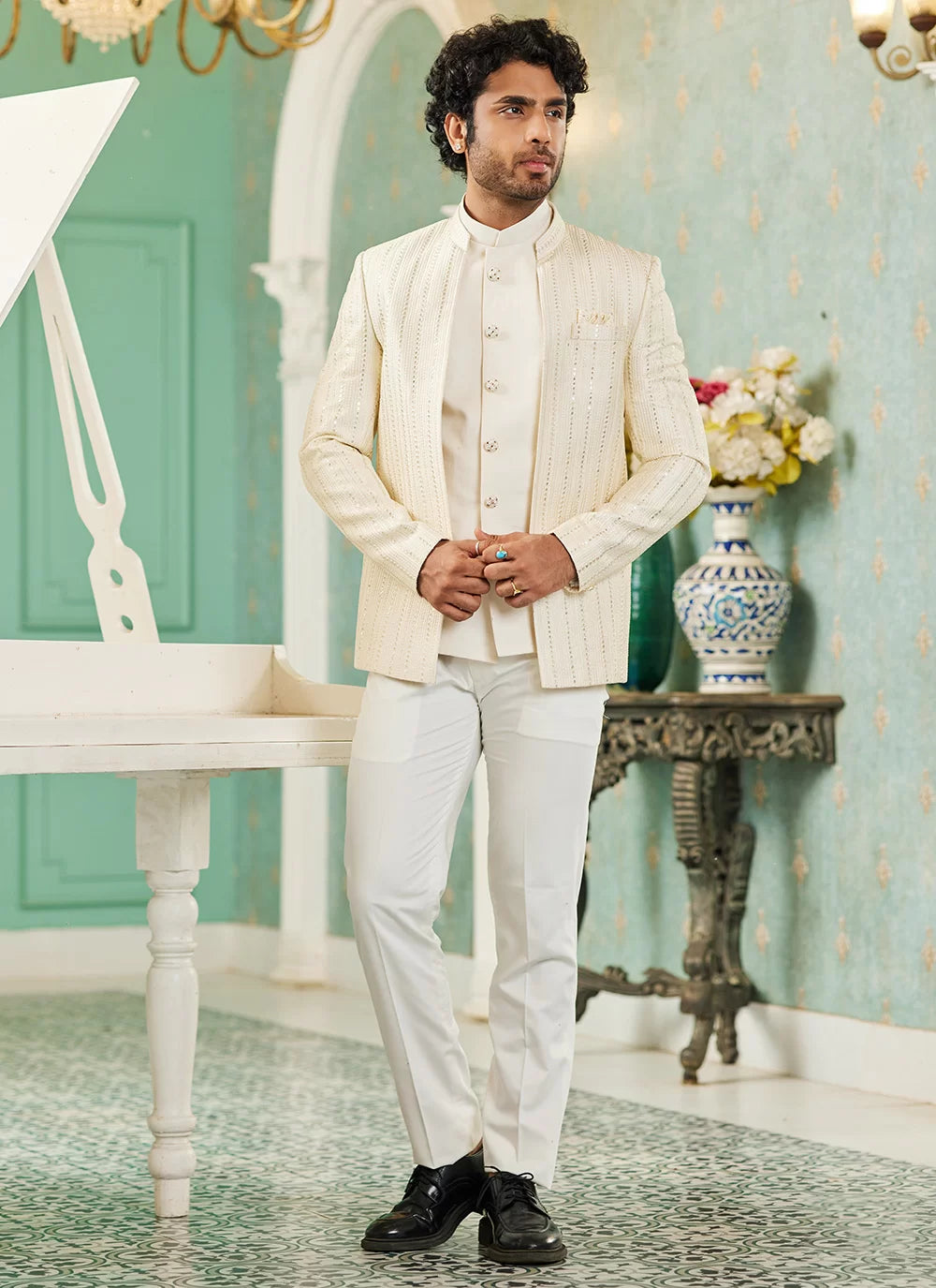 Raivat Ethnic Art Silk Embroidery and Thread Work Jodhpuri in Cream Colour | Grocsy