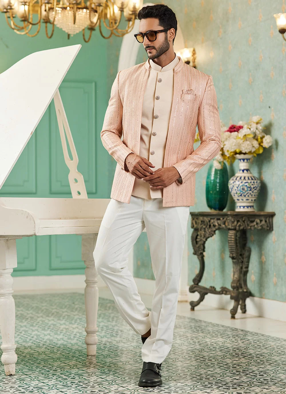 Raivat Ethnic Art Silk Embroidery and Thread Work Jodhpuri in Peach Colour | Grocsy