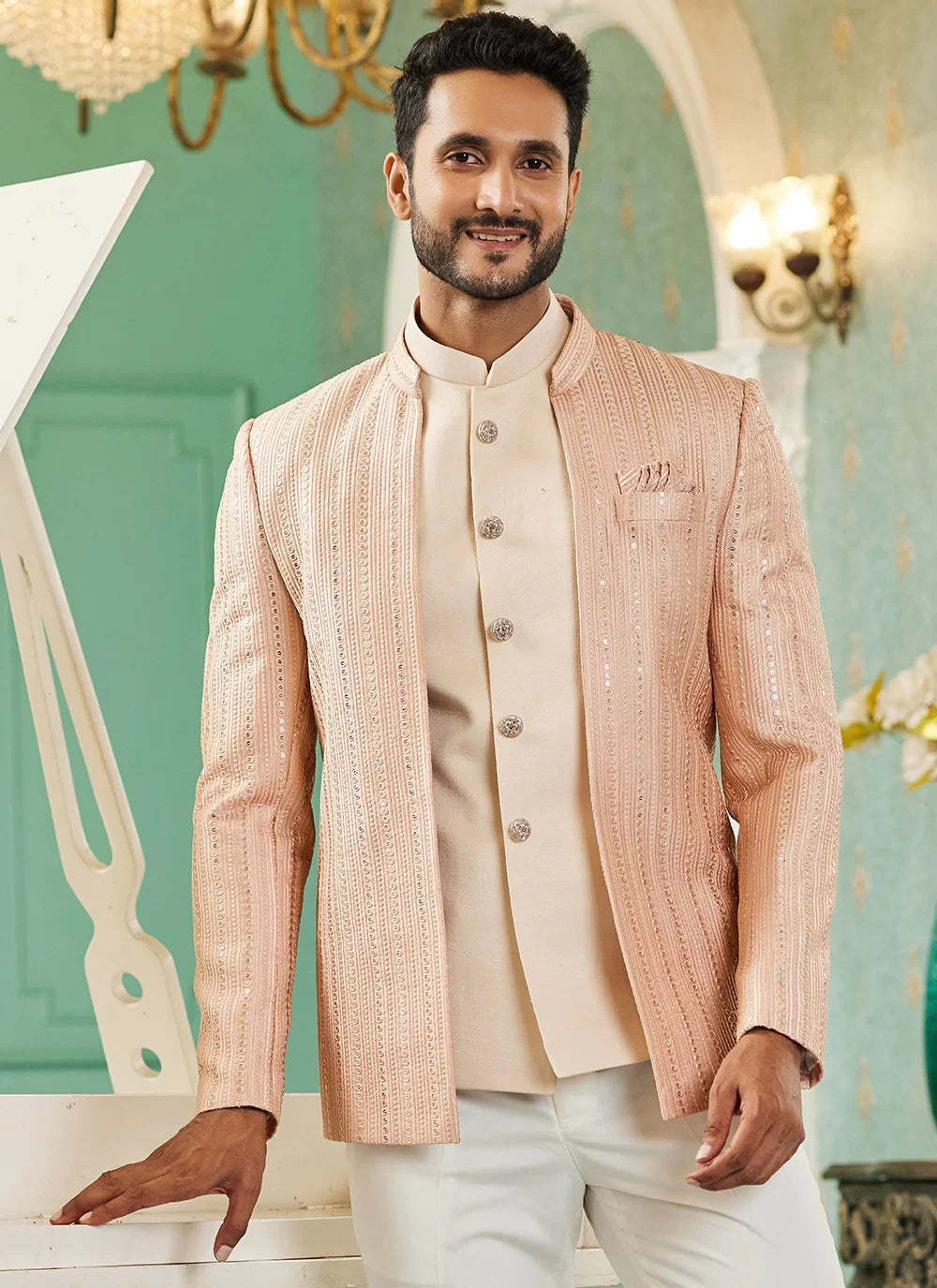 Raivat Ethnic Art Silk Embroidery and Thread Work Jodhpuri in Peach Colour | Grocsy