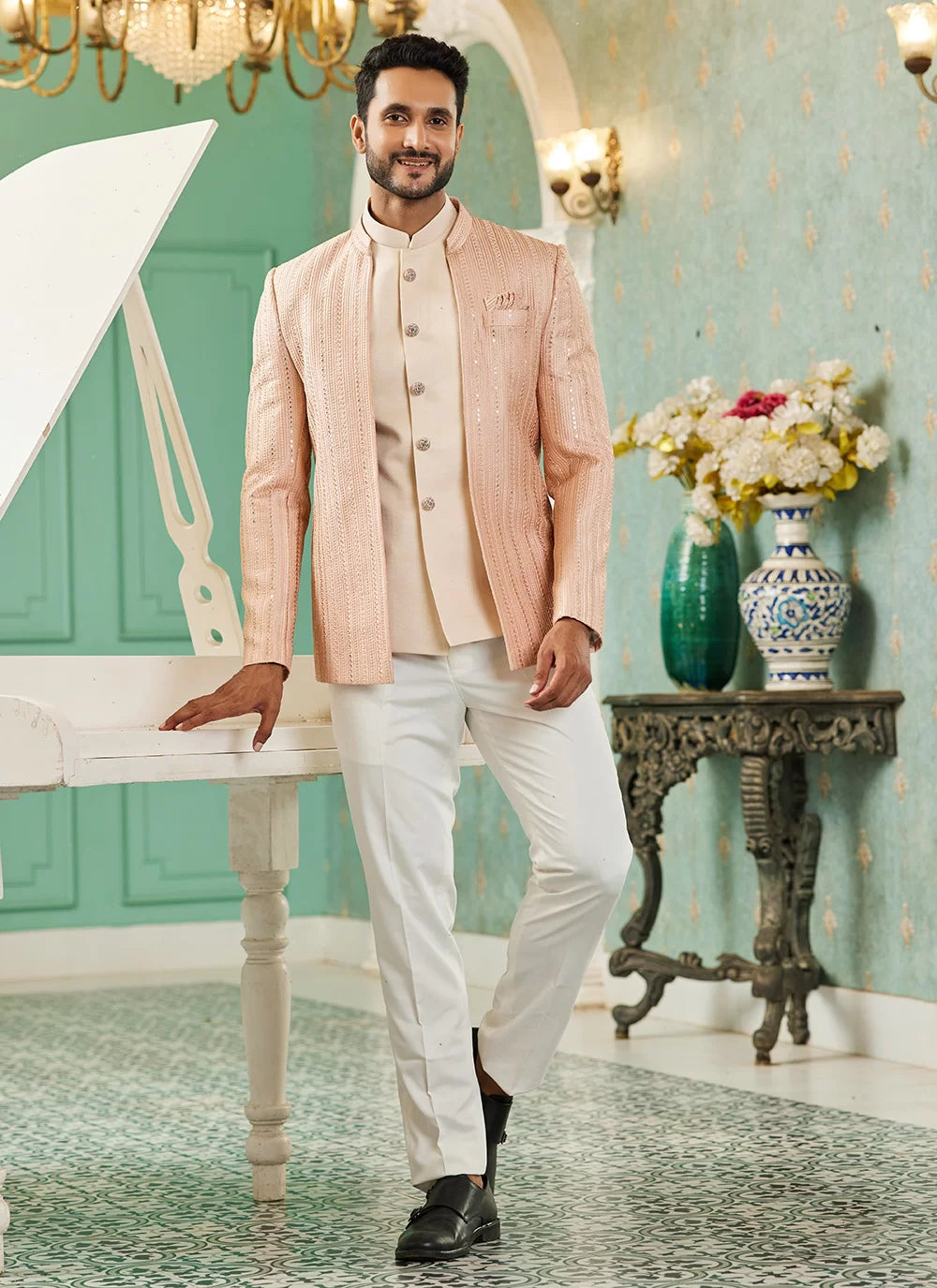 Raivat Ethnic Art Silk Embroidery and Thread Work Jodhpuri in Peach Colour | Grocsy