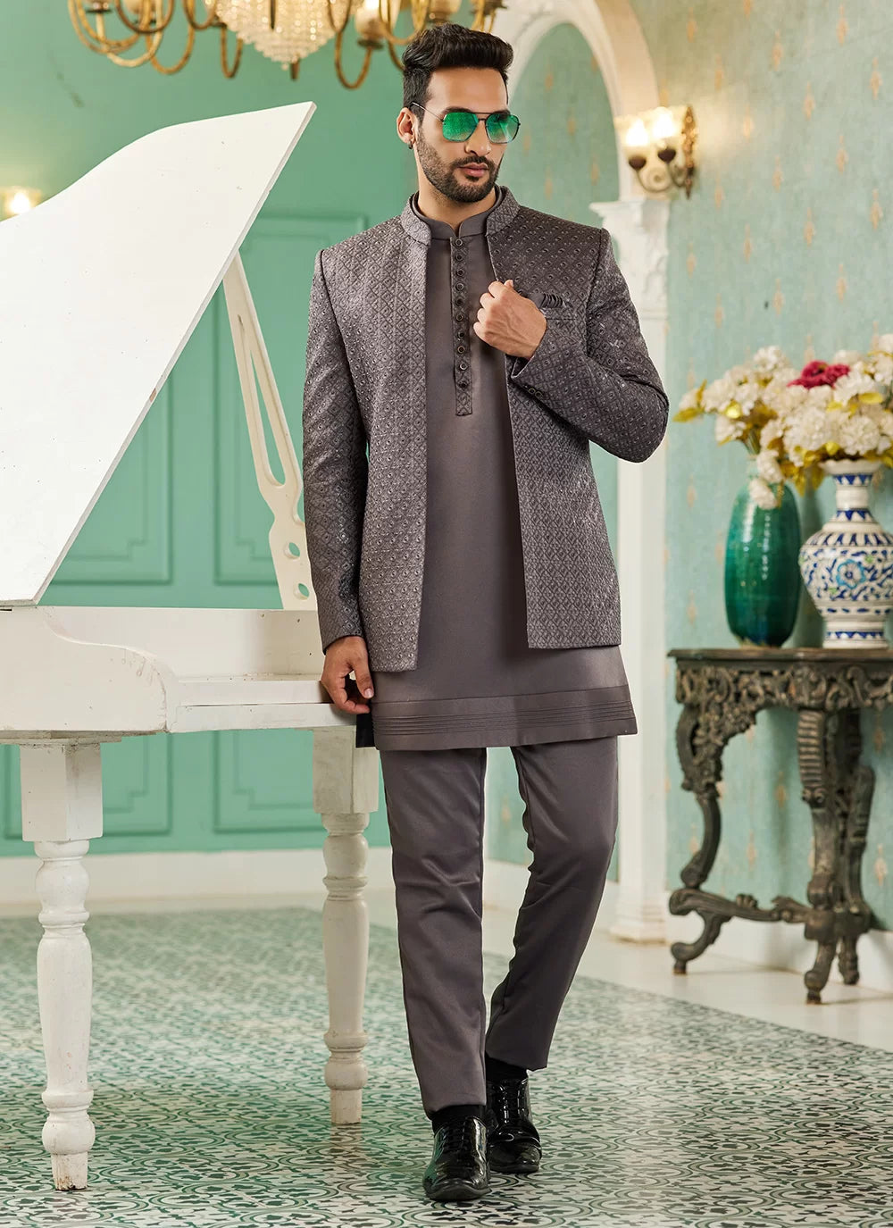 Raivat Ethnic Art Silk Embroidery and Thread Work Jodhpuri in Grey Colour | Grocsy