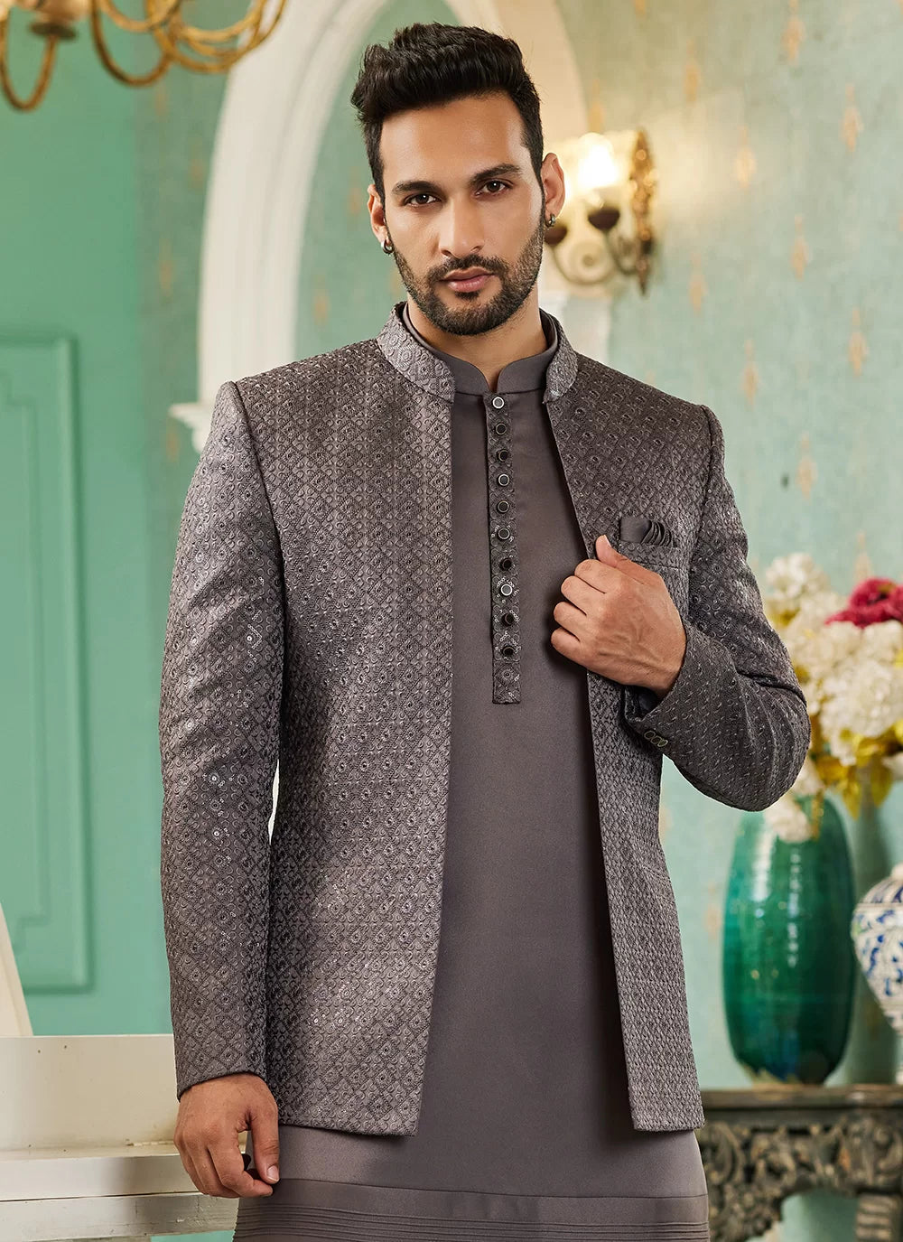 Raivat Ethnic Art Silk Embroidery and Thread Work Jodhpuri in Grey Colour | Grocsy