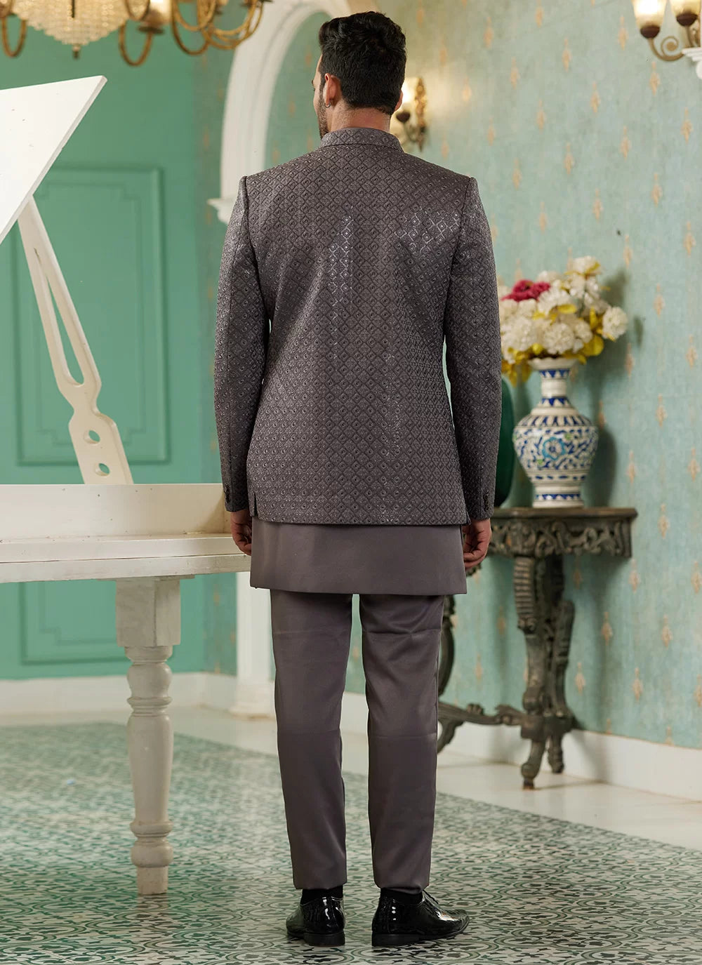 Raivat Ethnic Art Silk Embroidery and Thread Work Jodhpuri in Grey Colour | Grocsy