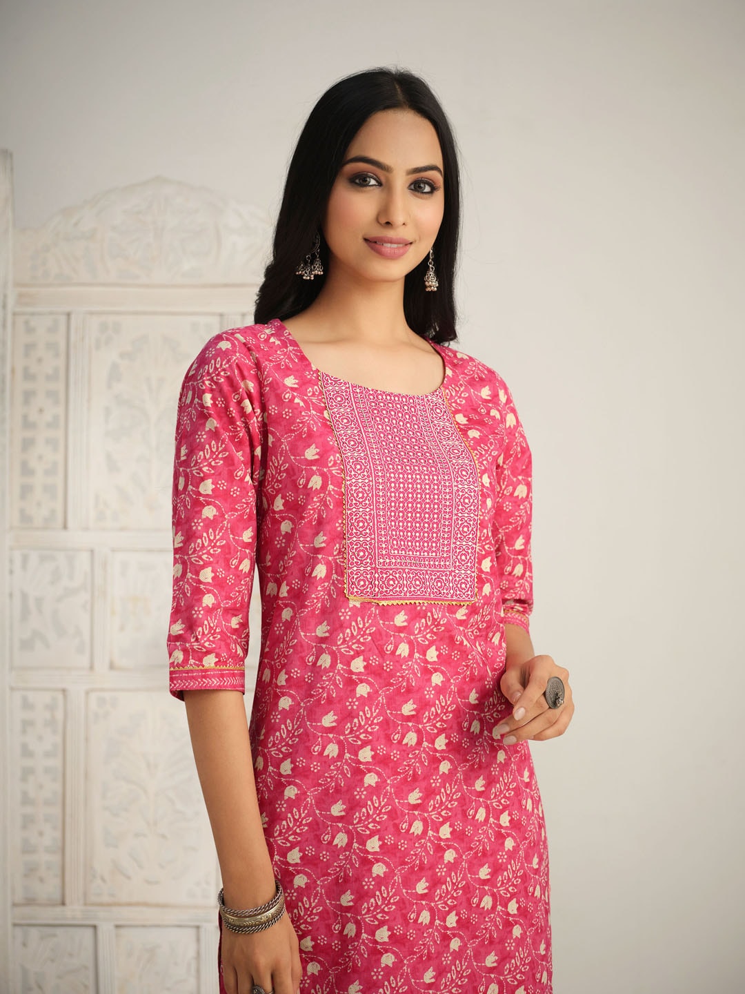 Sangria Red Floral Printed Gotta Patti Pure Cotton Kurta With Trouser & Dupatta | Grocsy