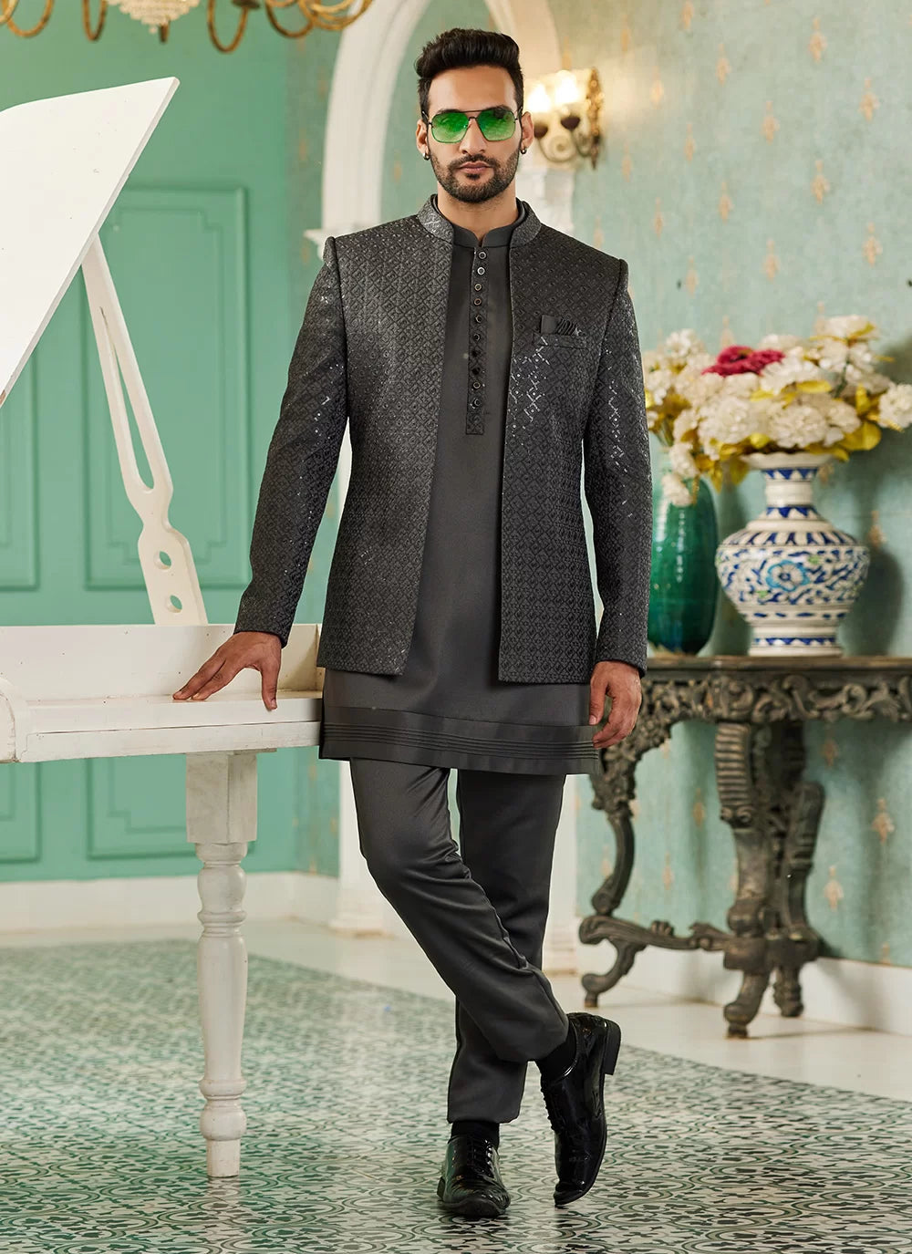 Raivat Ethnic Art Silk Embroidery and Thread Work Jodhpuri in Grey Colour | Grocsy