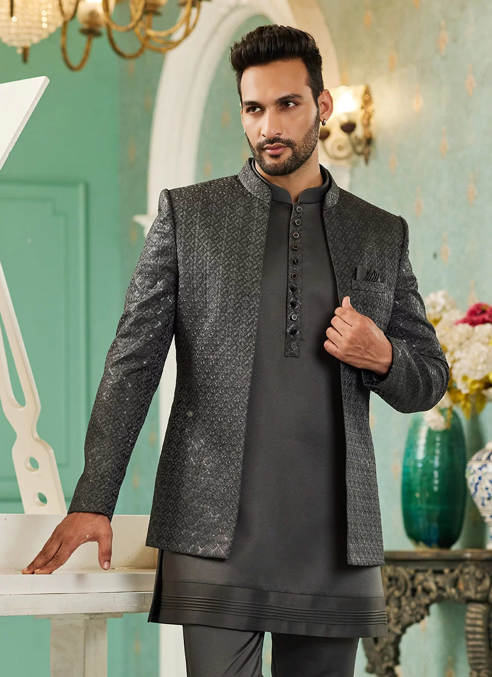 Raivat Ethnic Art Silk Embroidery and Thread Work Jodhpuri in Grey Colour | Grocsy