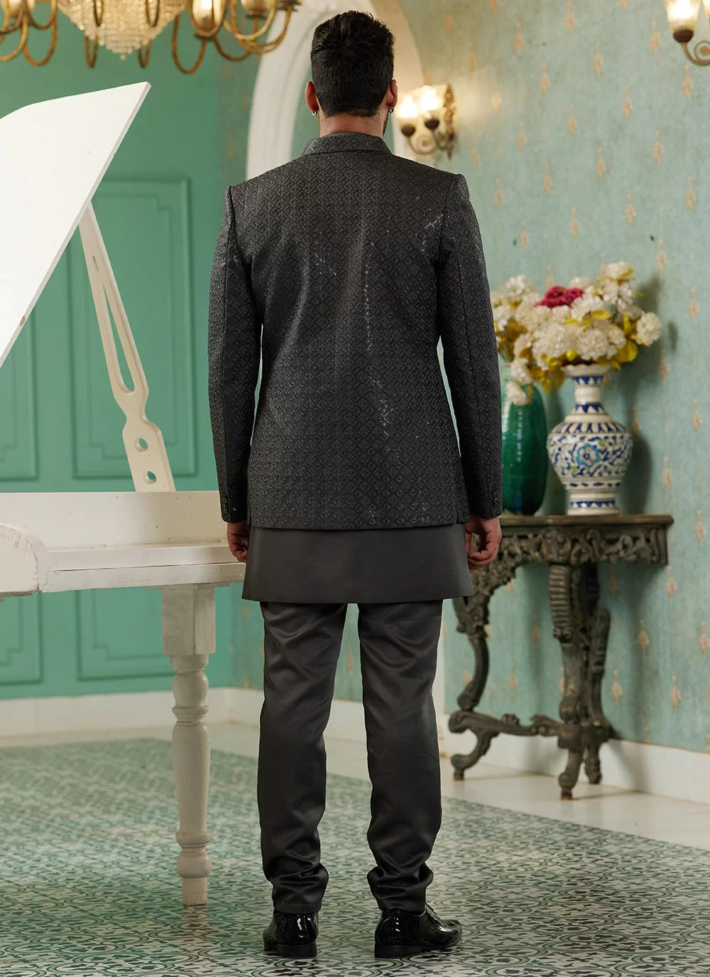 Raivat Ethnic Art Silk Embroidery and Thread Work Jodhpuri in Grey Colour | Grocsy