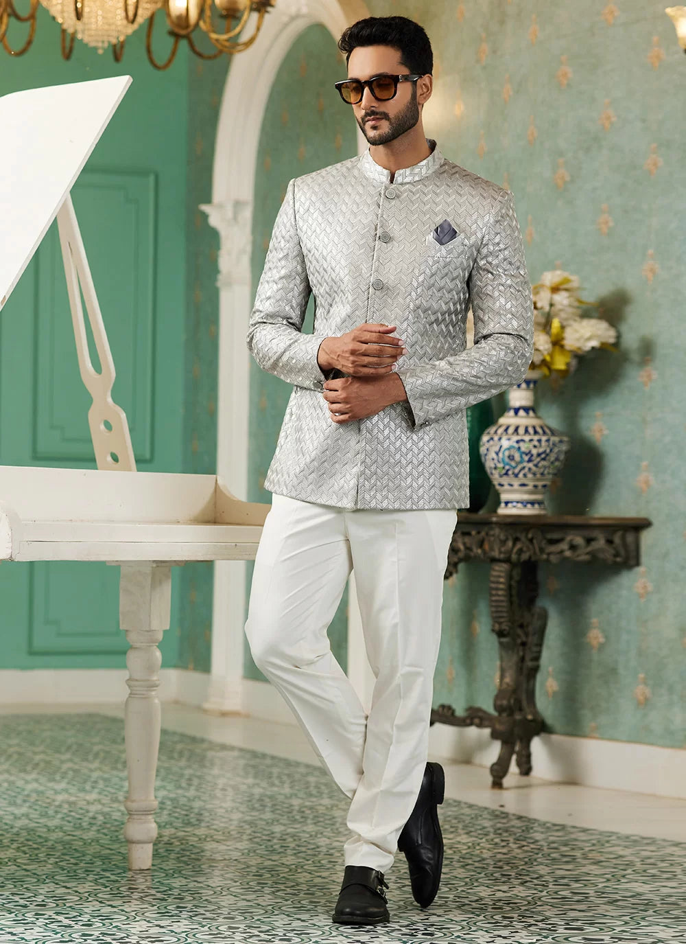 Raivat Ethnic Art Silk Embroidery and Thread Work Jodhpuri in Light Grey Colour | Grocsy