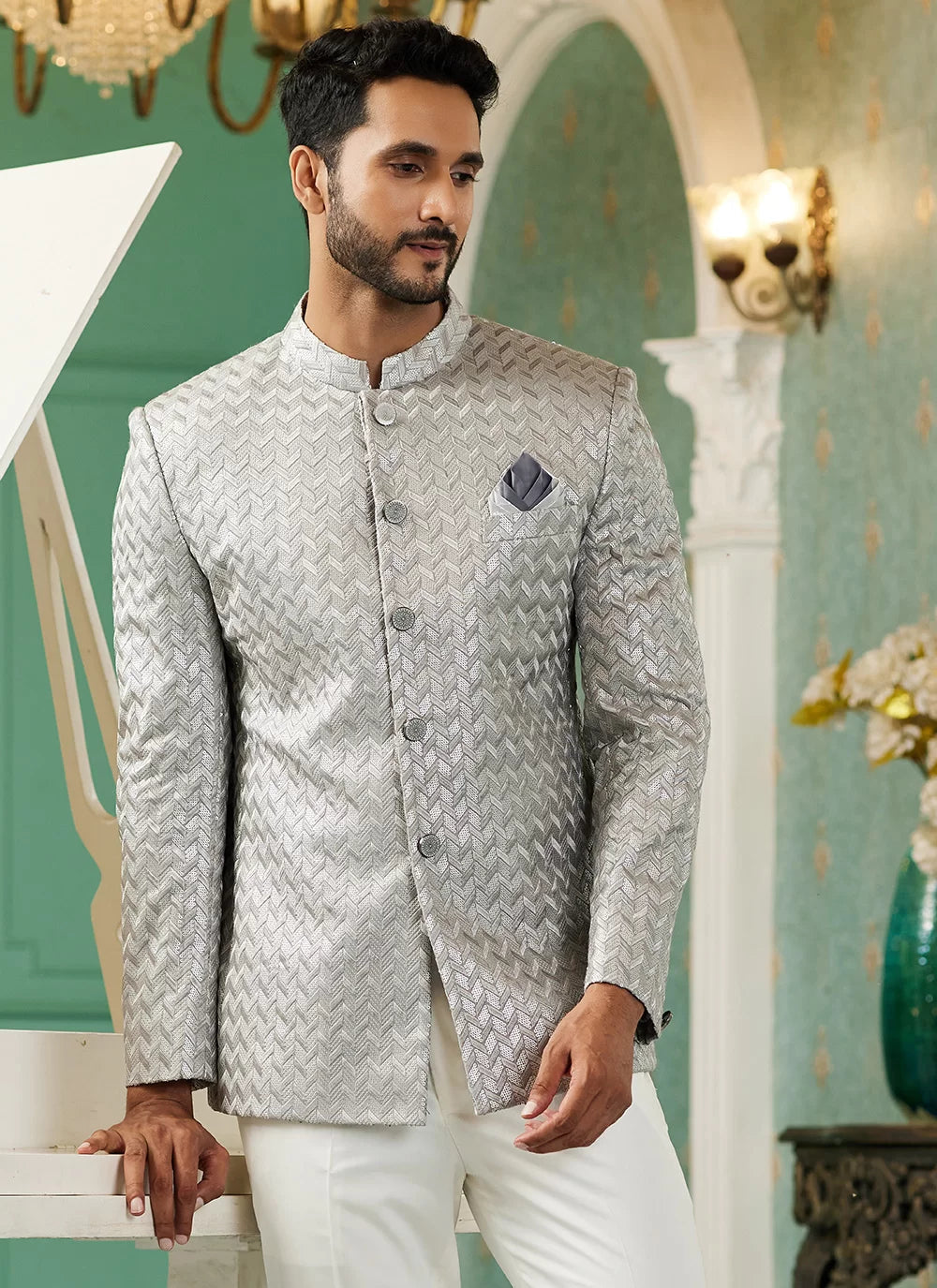 Raivat Ethnic Art Silk Embroidery and Thread Work Jodhpuri in Light Grey Colour | Grocsy