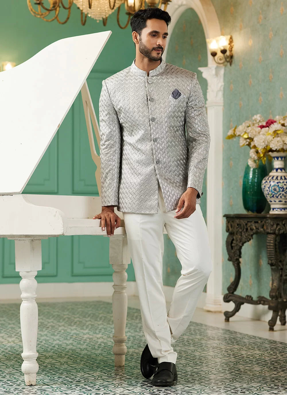 Raivat Ethnic Art Silk Embroidery and Thread Work Jodhpuri in Light Grey Colour | Grocsy