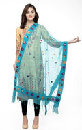 A R Silk Women's Orgenza Cotton Thread Work Rama Green Fancy Dupatta | Grocsy