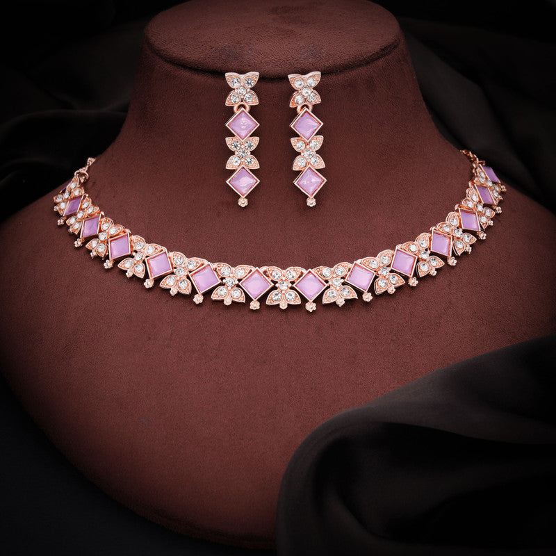 Tehzeeb Creations Rose Gold-Polished Lavender Choker Necklace With Dangle Earrings | Grocsy