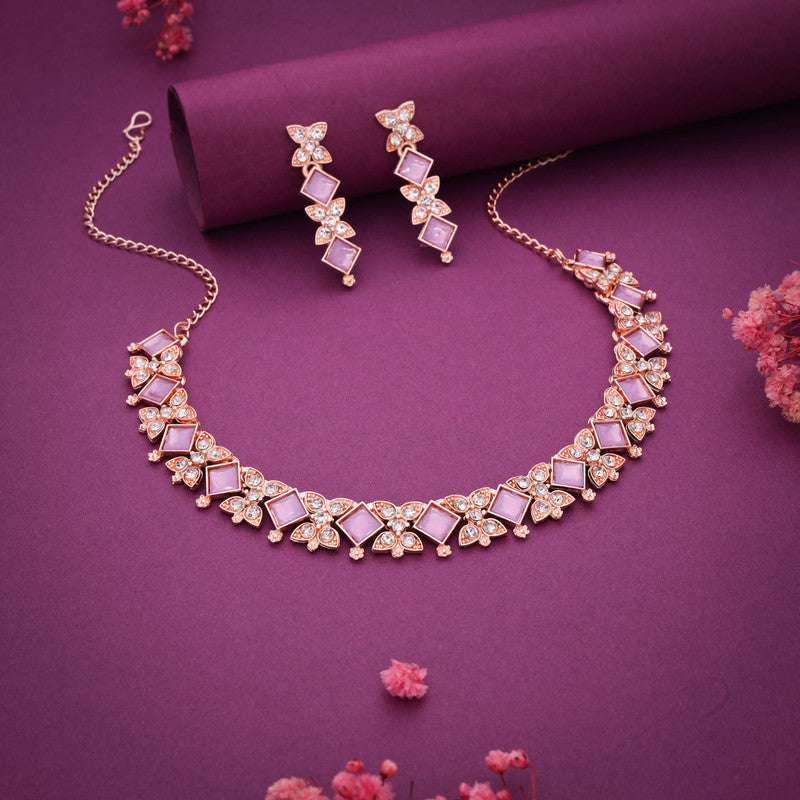 Tehzeeb Creations Rose Gold-Polished Lavender Choker Necklace With Dangle Earrings | Grocsy