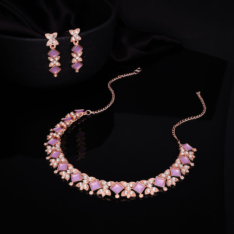 Tehzeeb Creations Rose Gold-Polished Lavender Choker Necklace With Dangle Earrings | Grocsy
