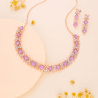 Tehzeeb Creations Rose Gold-Polished Lavender Choker Necklace With Dangle Earrings | Grocsy