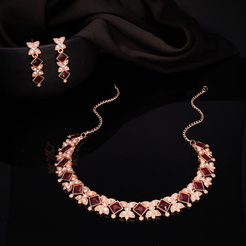 Tehzeeb Creations Rose Gold-Polished Maroon Choker Necklace With Dangle Earrings - Swadesiicart