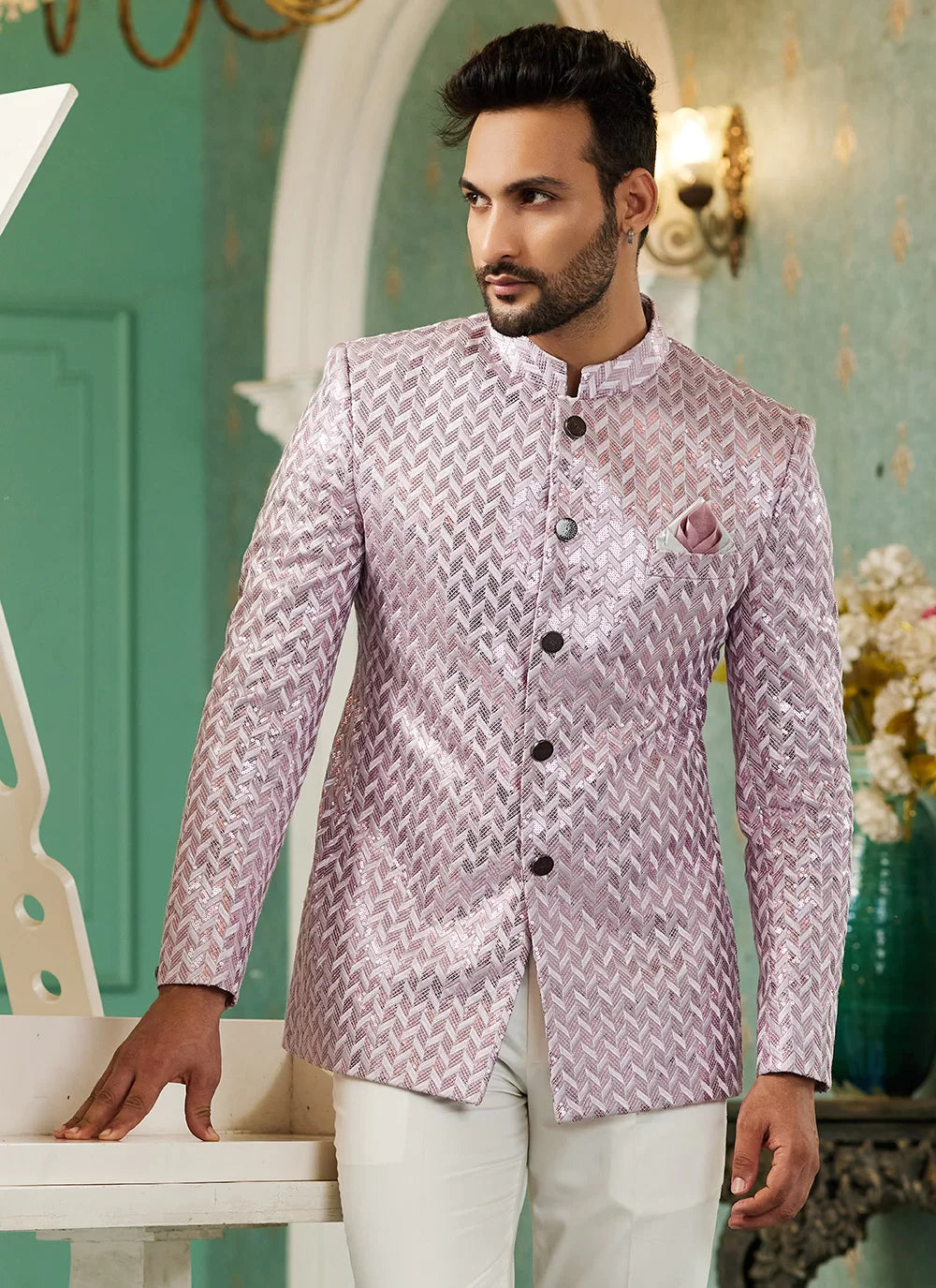 Raivat Ethnic Art Silk Embroidery and Thread Work Jodhpuri in Onion Pink Colour | Grocsy