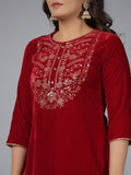 Juniper Women Maroon Velvet Embroidered Kurta & Pants Set | Grocsy