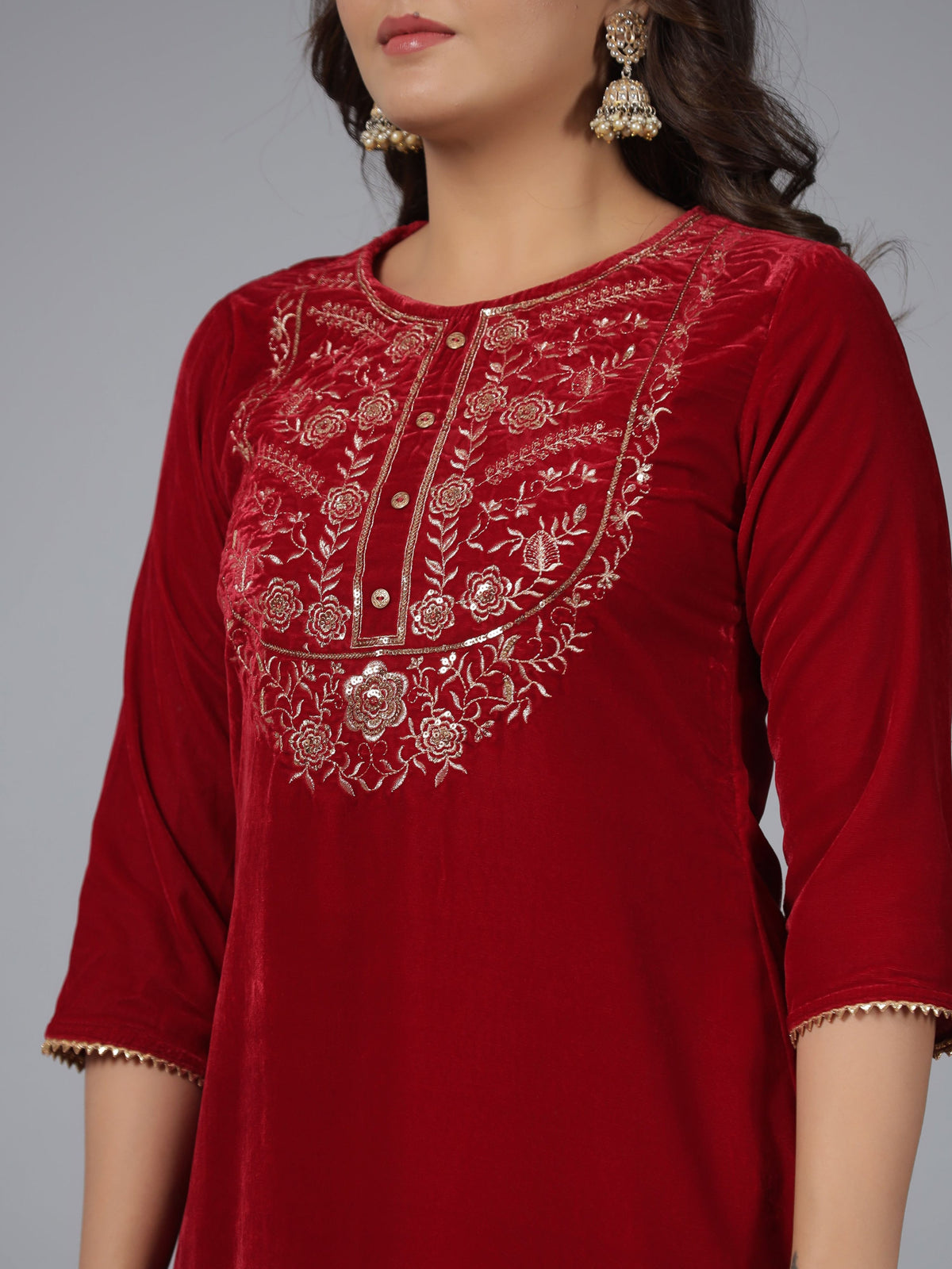 Juniper Women Maroon Velvet Embroidered Kurta & Pants Set | Grocsy