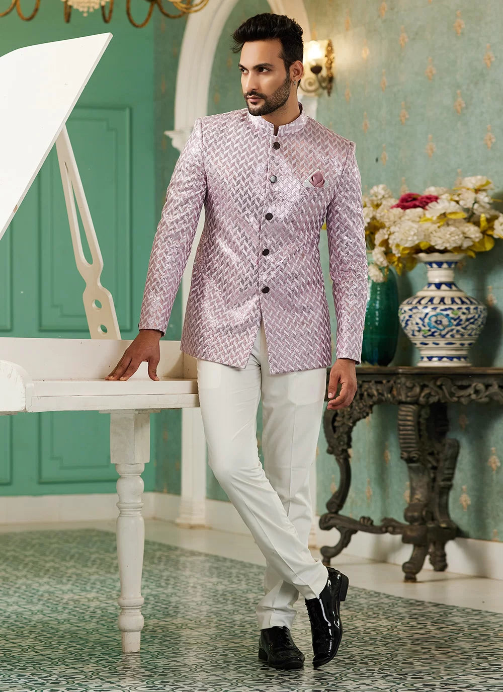 Raivat Ethnic Art Silk Embroidery and Thread Work Jodhpuri in Onion Pink Colour | Grocsy